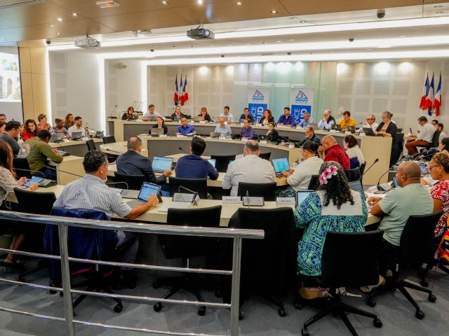 Panel of officials seated at a long desks in a conference room, with an audience using laptops and microphones; flags and banners in the background. Council meeting in progress.